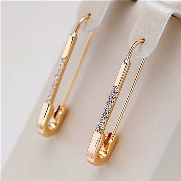 Gold Plated Zircon Safety Pin Earrings, Minimalist, Punk, Gift For Teenager - Picture 9 of 9